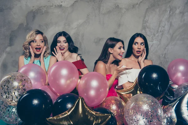 Portrait of nice lovely fascinating chic charming pretty attractive glamorous shine gorgeous cheerful ladies many different baloons discussing news over gray concrete wall — Stock Photo, Image