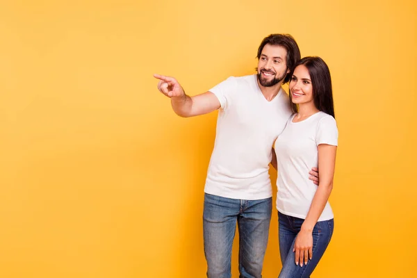 Portrait of her she his he nice charming attractive lovely cheerful people married spouses pointing far away day dream daydream isolated over shine vivid pastel yellow background — Stock Photo, Image