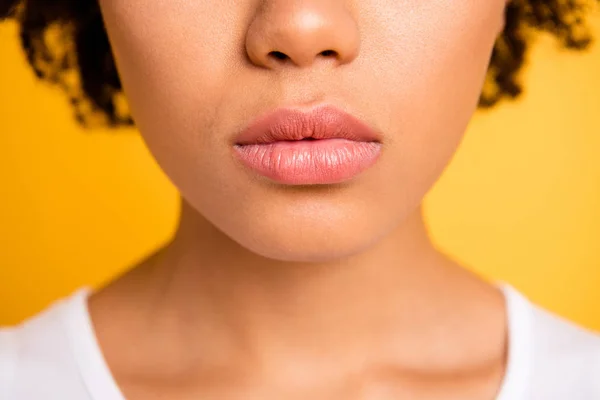 Cropped close up photo beautiful amazing she her dark skin lady perfect mouth big plump lips naturally balm aesthetic look wear casual white t-shirt isolated yellow bright vibrant background — Stock Photo, Image