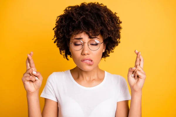 Close-up portrait of her she nice cute lovely attractive beautiful worried wavy-haired lady wearing white t-shirt closed eyes isolated over bright vivid shine background — 图库照片