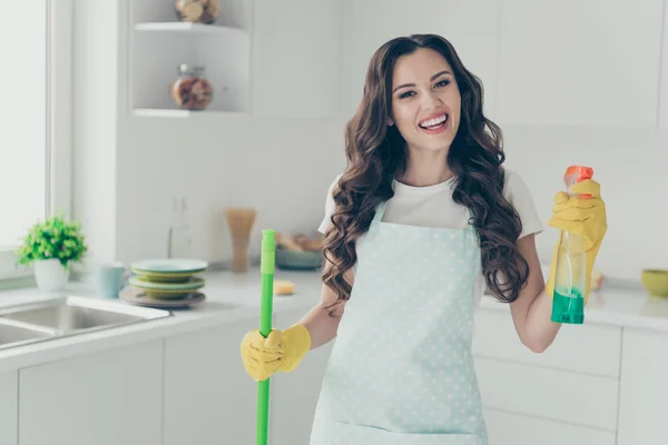 Close up photo beautiful busy nice duties she her lady house hold thumb up washing supplies pulverize promo housemaid wear jeans denim casual t-shirt covered by cute apron bright light kitchen — Stock Photo, Image