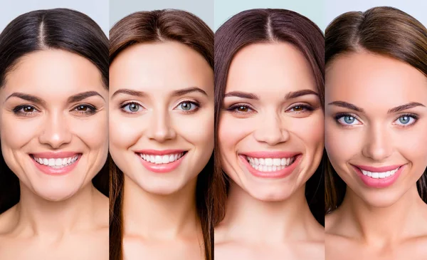 Közeli portré négy szép vonzó vidám boldog pozitív lányok tiszta, világos, sima, puha shine hibátlan bőr teethcare fogat Sztomatológia elszigetelt, felett szürke háttér — Stock Fotó