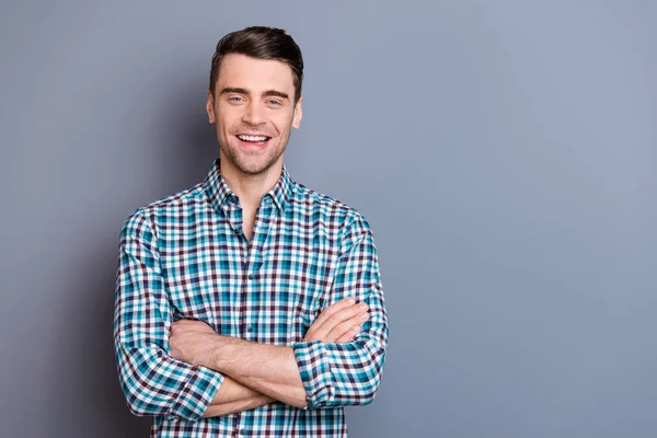Close up photo attractive amazing he him his man hands arms crossed self-confident laughing comic situation perfect stubble styling wearing casual plaid checkered outfit isolated grey background — Stock Photo, Image