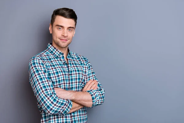 Close up side profile photo amazing he him his man hands arms crossed self-confident pretty ideal stubble hair styling wearing casual plaid checkered outfit isolated grey background — Stock Photo, Image
