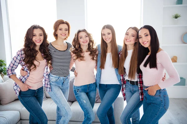 Portrait of her she nice-looking slim fit thin confident lovely charming attractive cheerful ladies standing get-together in light white interior room indoors — Stock Photo, Image