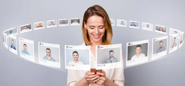 Close up photo digital bachelor she her lady smartphone online sit repost like pick choose choice illustration pictures guys dating site futuristic creative design isolated grey background — Stock Photo, Image