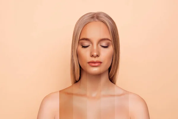 Close-up πορτρέτο της Νίκαιας ελκυστική ξανθιά γυμνό γυμνό κυρία με καθαρό τέλεια αψεγάδιαστη ομαλή μαλακό λάμψη δέρματος διαφορετικού χρώματος μέρη κλειστά μάτια χάλκινο ρουζ απομονωμένη πάνω από παστέλ γκρι φόντο — Φωτογραφία Αρχείου