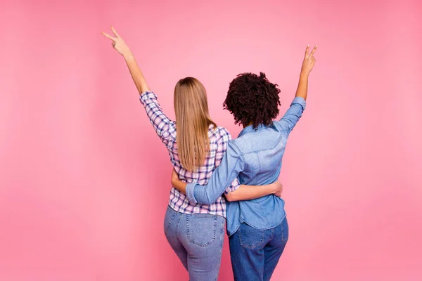 Gros plan arrière derrière la vue photo deux diversité stupide elle ses dames étreignant incognito pas montrer les visages v-signature porter jeans casual denim à carreaux chemise vêtements tenue isolé fond rose — Photo