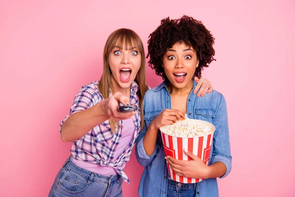 Portrait of two person nice cute lovely attractive charming cheerful cheery addicted girls in checkered shirt switching channels isolated over pink pastel background — Stock Photo, Image