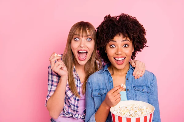 Close-up portrait of two person nice cute lovely attractive charming cheerful addicted girls in checkered shirt enjoying video having fun isolated over pink pastel background — Stock Photo, Image