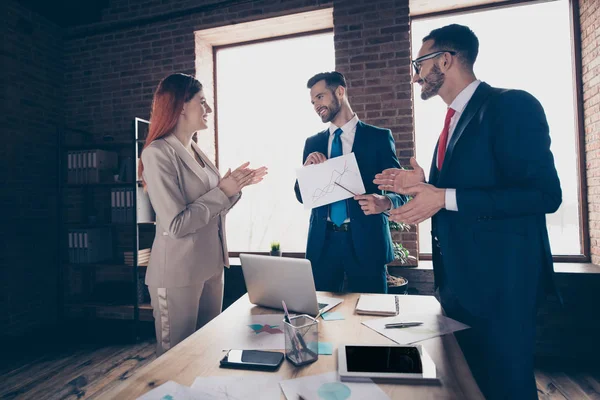 Close up photo three people she her business lady he him his guy engrats coacher attend course improving skills learn study thankful new knowledge ideas stand office table wearing formal wear suit — Foto de Stock