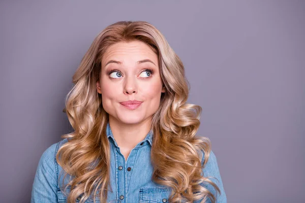 Close up photo funky amazing beautiful she her lady look up empty space feel sorry ponder pensive thoughtful thought dreamer wearing casual jeans denim shirt outfit isolated grey background — стоковое фото