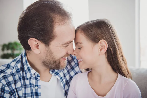 Close-up portrait of his he her she nice-looking cute sweet attractive cheerful pre-teen girl handsome bearded dad daddy trust support tenderness in light white interior room indoors — Stock Photo, Image