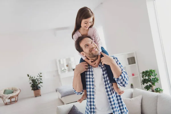 Portrait of his he her she nice cute lovely lovable sweet tender attractive pre-teen cheerful cheery positive girl handsome bearded dad daddy  having fun in light white interior room indoors — Stock Photo, Image