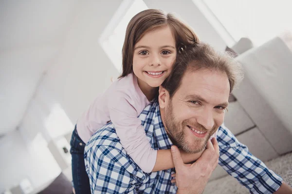 Close-up portrait of his he her she cute lovely lovable dreamy attractive pre-teen cheerful cheery positive girl handsome bearded dad daddy having fun pleasure in light white interior room indoors — Stock Photo, Image