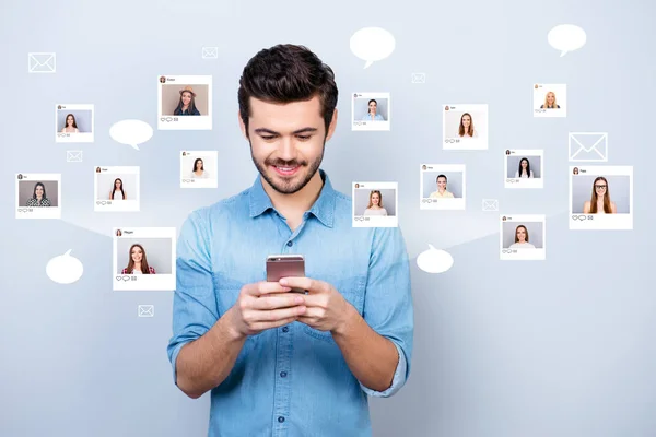 Close up photo interested he him his guy hold smartphone addicted online sit internet pick community age illustration pictures girls dating site futuristic creative design isolated white background — Stock Photo, Image