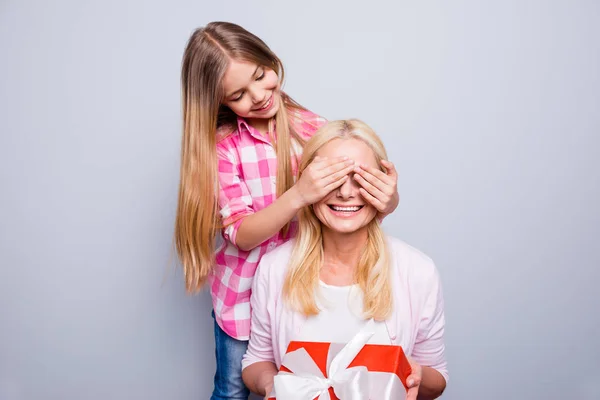 Närbild foto blont hår hon hennes mormor lilla barnbarn Dölj ögon ser inte överraskning Håll stora stora giftbox slitage rosa Pläd rutig skjorta tröja isolerade grå bakgrund — Stockfoto