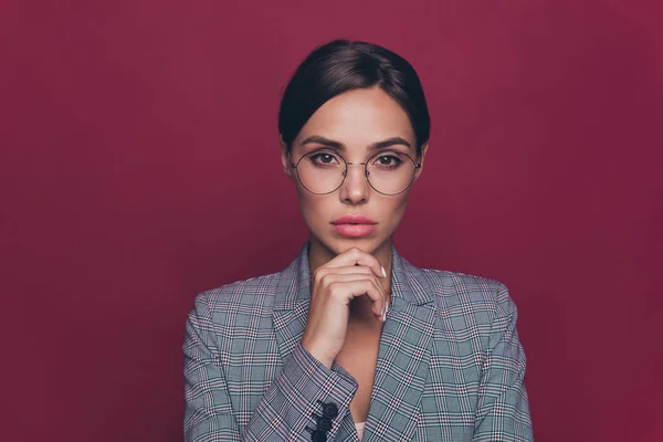 Close up photo beautiful amazing business she her lady arm chin career resourceful financier attorney investor ponder pensive wearing specs formal-wear isolated dark red vivid background