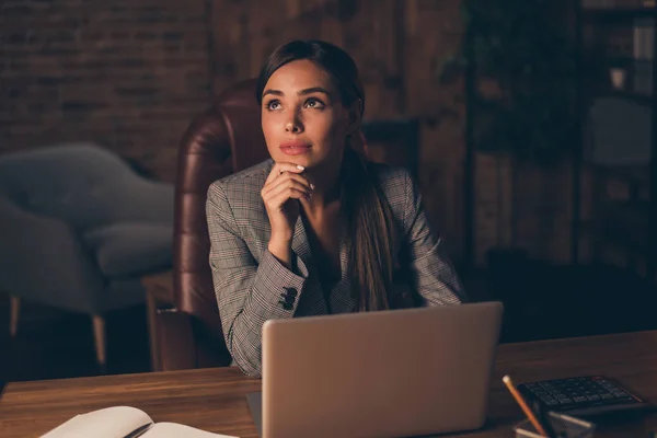 Close up photo beautiful she her business lady look up dreamer business chat email letters carefree ignoring notebook notification table sit big office chair wear formal-wear checkered plaid suit — Stock Photo, Image