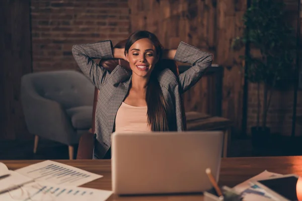 Close up photo beautiful she her business lady chief hard week week end speak skype relatives promise visit them look satisfied notebook table sit office chair wear specs formal wear checkered suit — Foto Stock