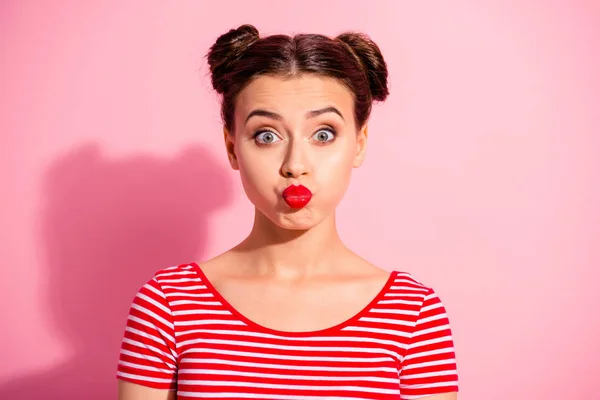 Close up photo beautiful she her lady pretty hairdo two buns bright pomade allure tempting big lips childish playing fooling around wear casual striped red white t-shirt isolated pink background — Stock Photo, Image