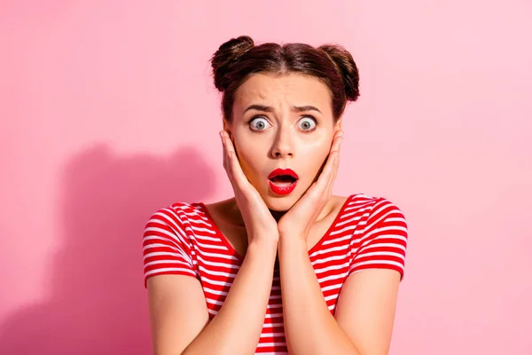 Close up photo beautiful she her lady pretty buns unexpected awkward news opened mouth yelling hold arms hands cheeks cheekbones wear casual striped red white t-shirt isolated pink background — Stock Photo, Image