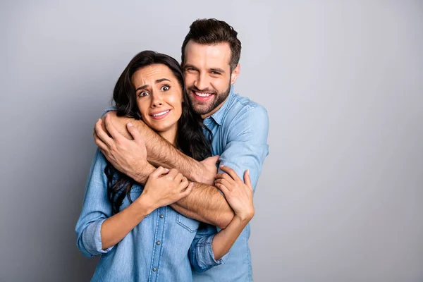 Like children. Close up photo of funky careless best fellows hipsters students from childhood fooling placing arms around neck tender gentle wearing denim outfit isolated on ashy-gray background — Stock Photo, Image