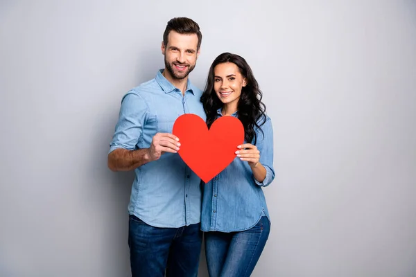 Varm komfort mysiga myser. Porträtt av söt positiva stilig sweethearts holding 14 februari papper-julkort limning betroende bär casual denim outfit isolerade på silver bakgrund — Stockfoto