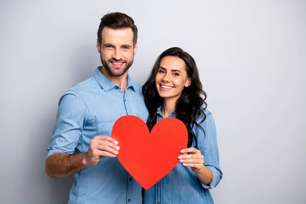 Ritratto di affascinante bella gioioso positivo affettuoso fidanzati legame sostegno celebrando giorno di San Valentino in abbigliamento casual bel denim su sfondo argent isolato — Foto Stock