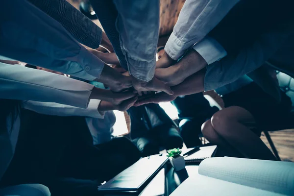 Lage hieronder hoekmening van leuke stijlvolle elegante corporate bedrijf ceo kaderleden samenstellen van palmen over documenten op moderne industriële loft interieur werk plaats ruimte — Stockfoto