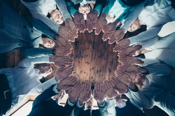 Close up low angle view photo diversity members business people circle she her he him his hold both hands arms together best brigade celebrate project nomination power formal wear jackets shirts — Stock Photo, Image