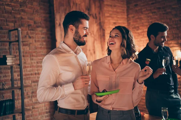 Portrait of nice cute attractive lovely charming sweet pretty cheerful cheery positive lady gentleman having fun talk embracing house event night club affection in industrial loft interior room — Stock Photo, Image