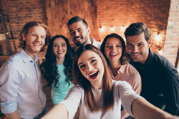 Self-portrait of nice attractive lovely charming winsome cheerful cheery glad ecstatic positive ladies gentlemen having fun embracing house event dream in industrial loft interior room indoors — Stock Photo, Image