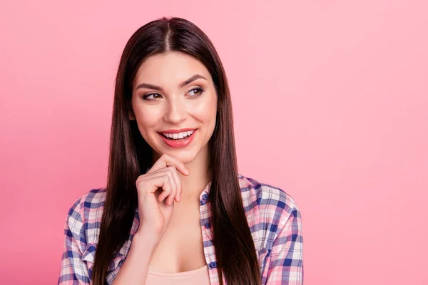 Close up photo amazing beautiful her she lady brown eyes look empty space long straight hair wondered hand arm chin wear casual checkered plaid shirt clothes outfit isolated pink bright background — ストック写真