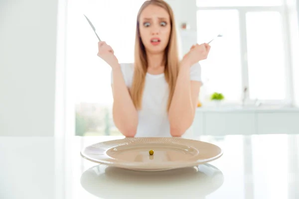 Close up photo of lady have breakfast  feel annoyed unbelievable unexpected wear beautiful trendy clothing in modern kitchen — Stock Photo, Image