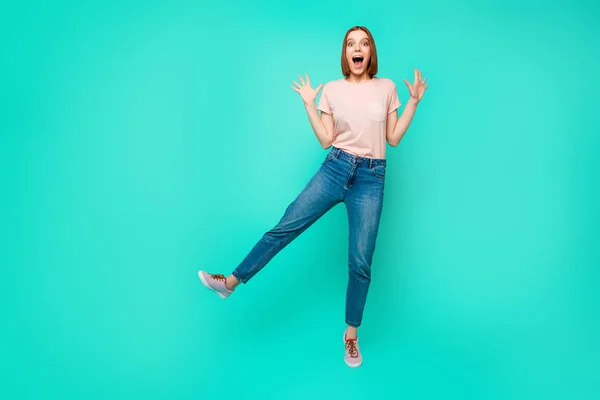 Full length body size photo beautiful funky her she lady yell scream shout childish mood make strange moves motion wear casual jeans denim pastel t-shirt clothes isolated teal turquoise background — Stock Photo, Image