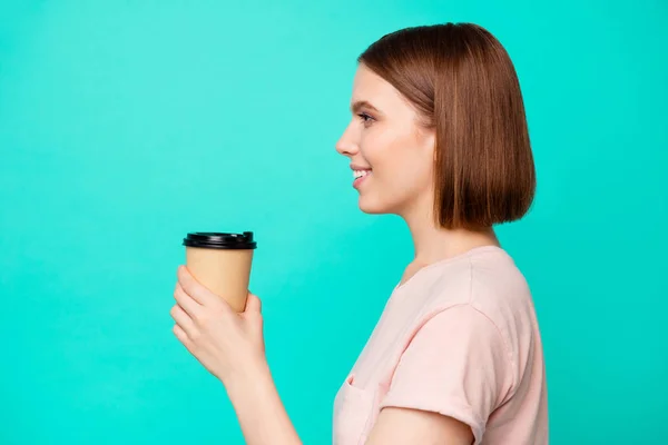 Close up side profile photo beautiful her she lady cute hold arm paper hot beverage best way wakeup awaking favorite americano latte boyfriend wear casual t-shirt isolado teal turquesa fundo — Fotografia de Stock