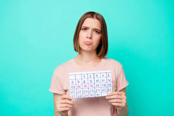 Close up photo beautiful her she lady cute arms hands hold calendar can not wait anymore weekend vacation stressed depressed overworked wear casual t-shirt isolated teal turquoise background — 图库照片
