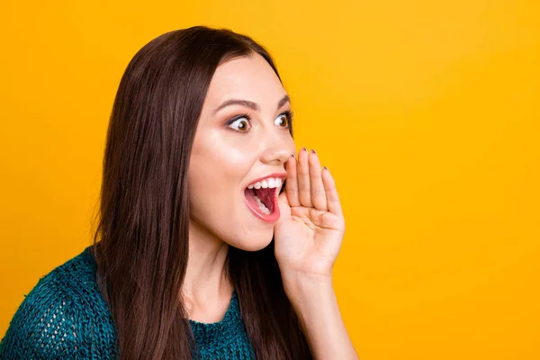 Close up side profile photo beautiful her she lady open mouth hands arms palms help spread information novelty chatterbox wear jeans denim green knitted pullover jumper isolated yellow background — Stock Photo, Image