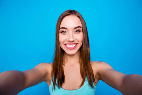 Close up portrait of lovely pretty youngster feeling funny making photos blogging blogger isolated getting unforgettable moments on colorful background — Stock Photo, Image