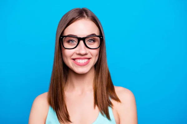 Close up photo amazing beautiful pretty she her lady intelligence white ideal teeth graduated first working people day week wear specs casual tank top outfit clothes isolated blue bright background — Φωτογραφία Αρχείου
