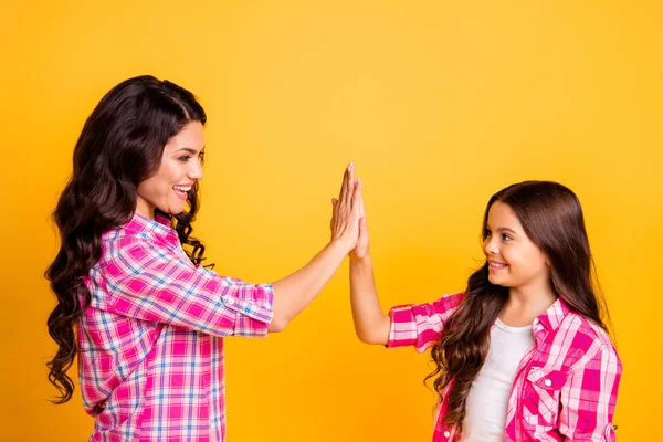 Profile side view portrait of nice-looking attractive lovely cheerful cheery positive wavy-haired girls wearing checked shirt clapping palms attainment isolated on bright vivid shine yellow background — 图库照片