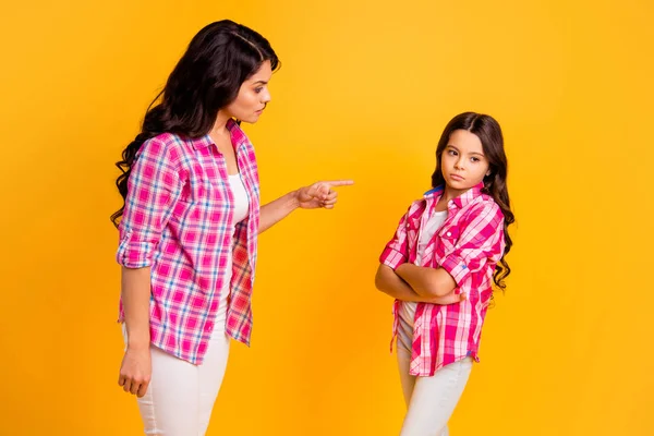 You should parenthood concept profile side view photo beautiful disappointed mom depressed kid have disagreement stress offense point index finger dressed checked shirt isolated yellow background — Stock Photo, Image