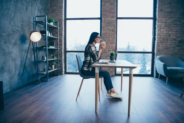 Profil sida bild av hennes hon fina bedårande attraktiva hårt arbetande VD Boss Chief Brunette Lady i rutig skjorta sitter framför laptop på industriell loft stil interiör arbets plats station — Stockfoto