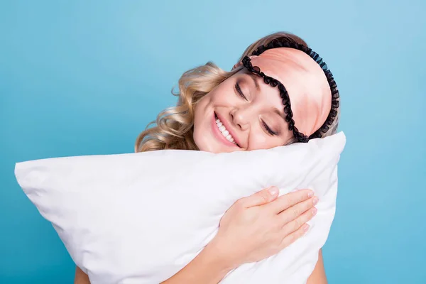 Close up photo beautiful funky her she lady hands arms palms hold cuddle big large pillow its high time pause break wear sleeping pink mask casual white t-shirt clothes isolated blue background — Stock Photo, Image