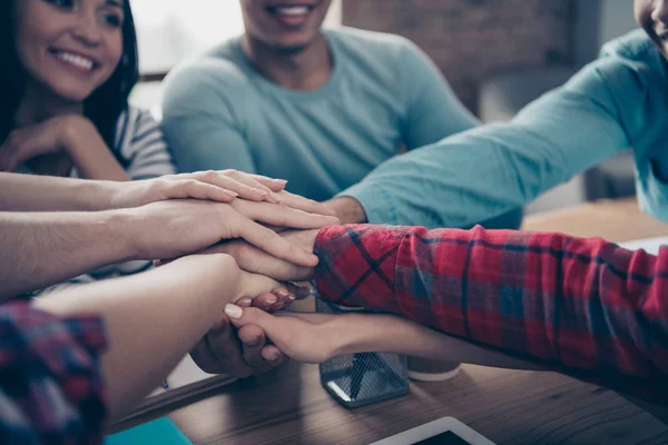 Bijgesneden close-up profiel zijaanzicht van Nice knappe mooie vrolijke personeel het dragen van casual brengen palmen samen over Desktop op werkplek Workstation open ruimte binnenshuis — Stockfoto