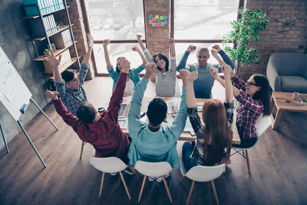 Reuniendo chicas millennial gerentes profesionales que tienen estrategia ganadora emocionada gritando sí gesto levantando puños vestidos con camisas casuales en bonita oficina — Foto de Stock