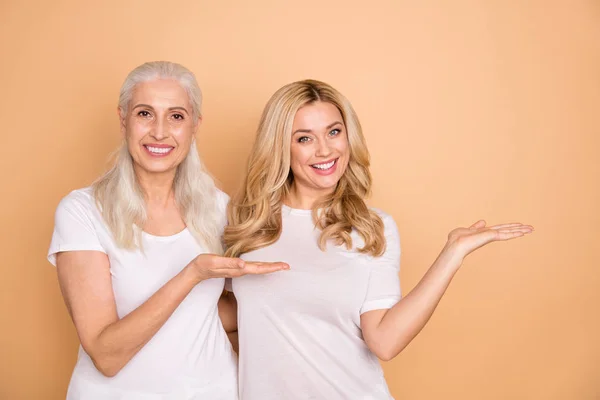 Retrato de encantador adorable señoras maternidad desgaste camisas de moda mostrar anuncios retroalimentación aconsejar decidir elegir sugerir promoción exhibición presentación aislado en beige fondo ocio estilo de vida — Foto de Stock