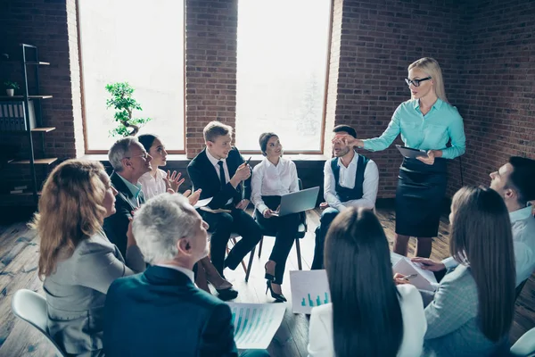 Stylish classy attractive serious lady expert specialist executive company director financier answering questions to audience conference at industrial loft interior work place space — Stock Photo, Image