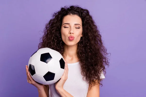 Close-up portrait of her she nice cute charming lovely winsome lovable attractive cheerful cheery wavy-haired lady holding in hands ball isolated on bright vivid shine violet background — 图库照片